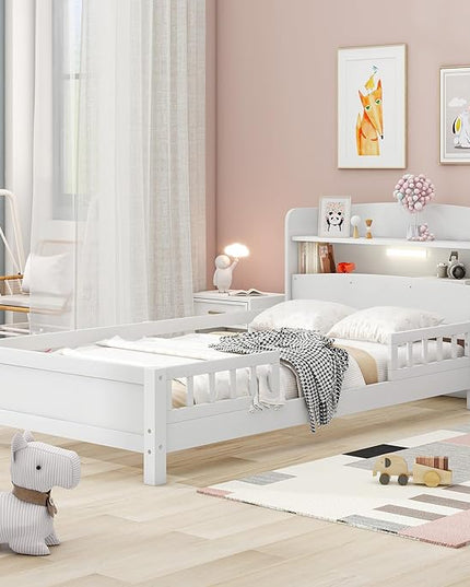 Twin Size Platform Bed with Built-in LED Light,Multi-functional Wood Beds Frame,w/ 2 Storage Shelves Headboard and Guardrail,for Apartment,Bedroom,Living Room,White - LeafyLoom