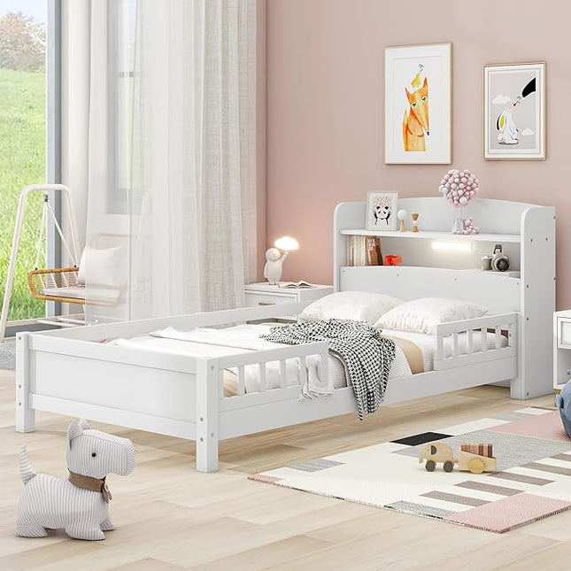 Twin Size Platform Bed with Built-in LED Light,Multi-functional Wood Beds Frame,w/ 2 Storage Shelves Headboard and Guardrail,for Apartment,Bedroom,Living Room,White - LeafyLoom