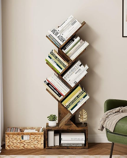 Vagusicc 6 Tier Tree Bookshelf, Modern Floor Standing Bookcase with Storage Drawer, Tall Wood Book Storage Rack for CDs/Books, Utility Book Organizer Shelves for Bedroom/Living Room/Home Office/Corner - LeafyLoom