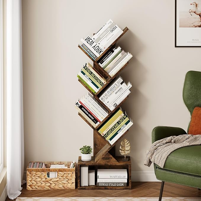 Vagusicc 6 Tier Tree Bookshelf, Modern Floor Standing Bookcase with Storage Drawer, Tall Wood Book Storage Rack for CDs/Books, Utility Book Organizer Shelves for Bedroom/Living Room/Home Office/Corner - LeafyLoom