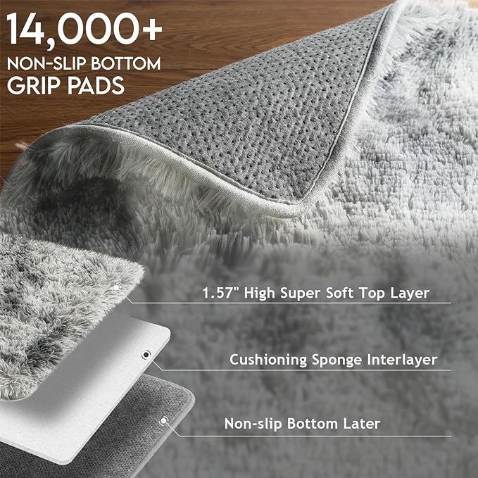 Ophanie Machine Washable Upgrade 8x10 Rugs for Living Room, Grey&White, Fluffy Shaggy Soft Area Rug, Non-Slip Indoor Floor Carpet for Bedroom, Kids Baby Boys Teen Dorm Home Decor Aesthetic, Nursery - LeafyLoom