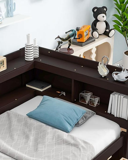 Twin Size Daybed with Storage Drawers and L-Shaped Bookcase Headboard, Solid Wood Captains Day Bed for Bedroom Living Room Guestroom, No Box Spring Needed, Espresso - LeafyLoom