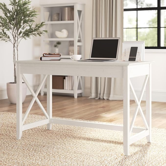 Bush Furniture Key West Writing Table for Home Office | Small Modern Farmhouse Desk, 48W, Linen White Oak - LeafyLoom