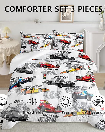 Axolotl Racing Car Comforter Set Twin Size,Extreme Sports Boys Bedding Set for Boys Teens Girls Car Racing Gifts,Race Cars Quilt Bed Set with 1 Comforter 2 Pillowcases,Multi Color - LeafyLoom
