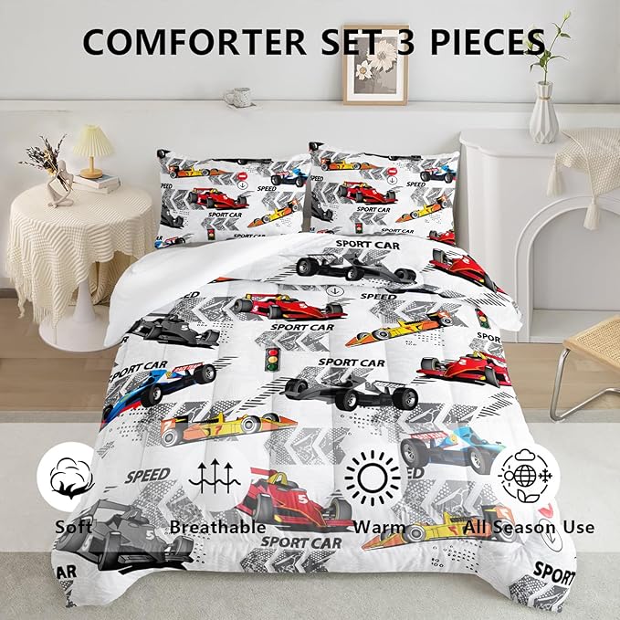 Axolotl Racing Car Comforter Set Full Size,Extreme Sports Boys Bedding Set for Boys Teens Girls Car Racing Gifts,Race Cars Quilt Bed Set with 1 Comforter 2 Pillowcases,Multi Color - LeafyLoom