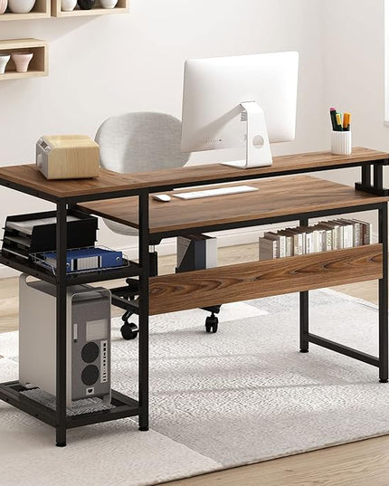 soges 62 Inch Computer Desk with Elevated Monitor Shelf, Home Office Desk with Storage Shelves, CPU Stand, Study Writing Table Workstation with Printer Stand - LeafyLoom