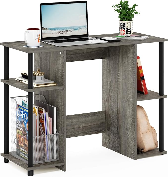 Furinno Jaya Computer Study Desk With Open Storage, French Oak Grey/Black - LeafyLoom