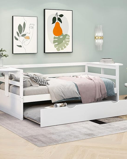 Merax Modern Wood Daybed with Twin Size Trundle and Two Foldable Shelves, Multifunction Sofa Bed Frame for Family, Kids, Teens, No Box Spring Needed, White - LeafyLoom