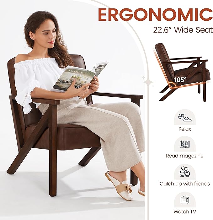 Yaheetech Accent Chair, Armchair with Strong Wood Frame, PU Leather Modern Retro Lounge Chair for Living Room/Lounge/Office/Reception Area, 2 Pieces, Dark Brown - LeafyLoom