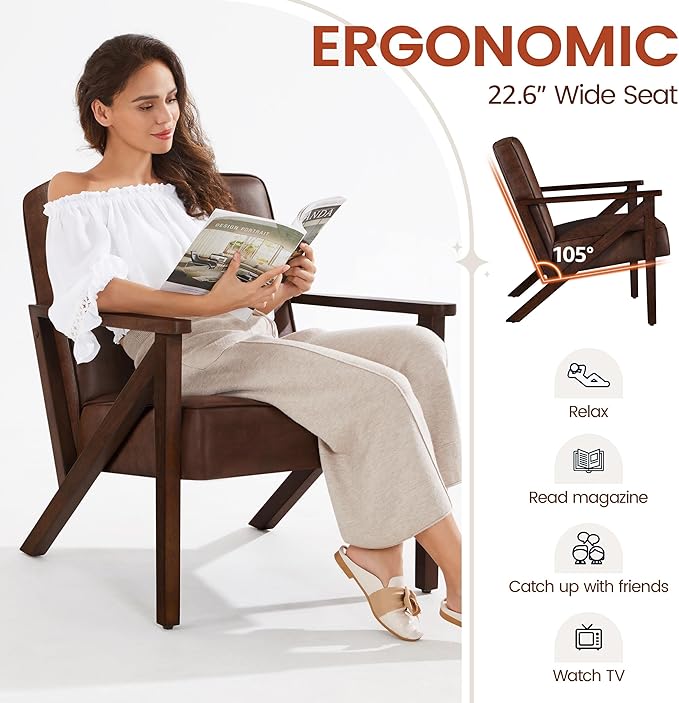 Yaheetech Accent Chair, Armchair with Strong Wood Frame, PU Leather Modern Retro Lounge Chair for Living Room/Lounge/Office/Reception Area, Dark Brown - LeafyLoom