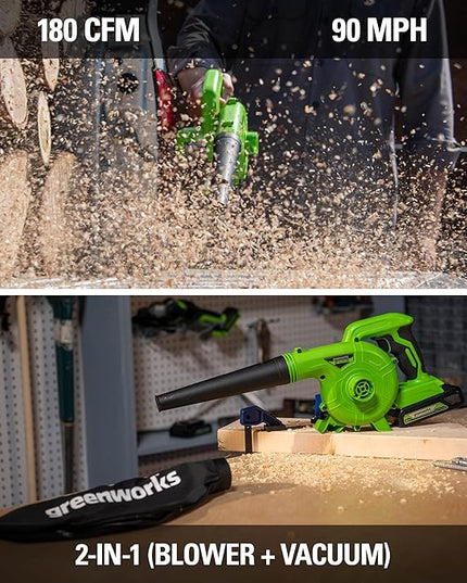 Greenworks 24V (90 MPH / 180 CFM / 125+ Compatible Tools) Cordless Shop Blower, 2.0Ah Battery and Charger Included - LeafyLoom