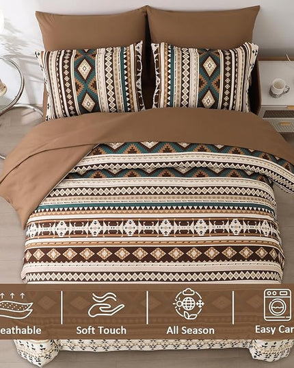 Dinjoy Brown Boho Comforter Set Queen Size,7 Pieces Bed in a Bag Queen Coffee Western Bedding Sets with Sheets Bohemian Geometric Striped Complete Set Aztec for All Seasons Summer 90"x90" - LeafyLoom