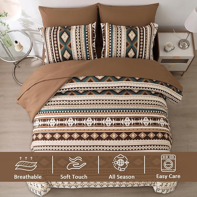 Dinjoy Brown Boho Comforter Set Queen Size,7 Pieces Bed in a Bag Queen Coffee Western Bedding Sets with Sheets Bohemian Geometric Striped Complete Set Aztec for All Seasons Summer 90"x90" - LeafyLoom