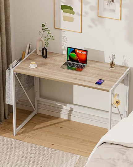 Folding Desk, Small Foldable Desk 39.4 Inch for Small Space, Computer Table Home Office Writing Desk with Storage Bag Headphone Hook, Easy Assembly, OAK - LeafyLoom