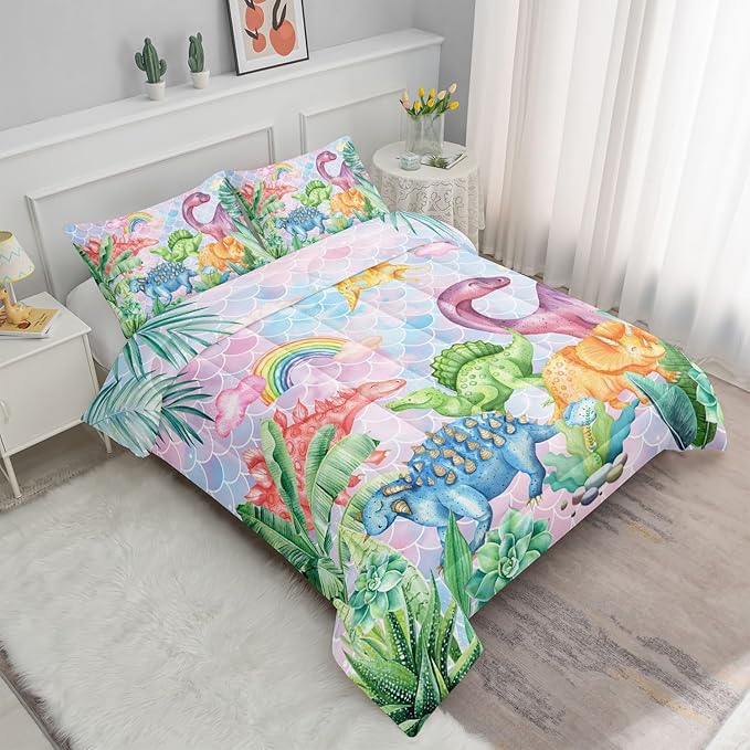 Datura home Kids Dinosaur Comforter Set for Girls Women,Cute Mermaid Scales and Rainbow Cloud Printed Pattern Kawaii Dinosaur Bedding Set with 2 Pillowcases(Dinosaur Rainbow Queen) - LeafyLoom