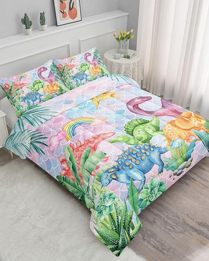 Datura home Kids Dinosaur Comforter Set for Girls Women,Cute Mermaid Scales and Rainbow Cloud Printed Pattern Kawaii Dinosaur Bedding Set with 2 Pillowcases(Dinosaur Rainbow Full) - LeafyLoom