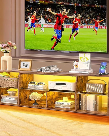 VECELO LED Gaming TV Stand with Power Outlets Television Cabinet with 7 Open Storage Shelves, Industrial Entertainment Center for Living Room and Bedroom, Retro Brown, 65inch - LeafyLoom