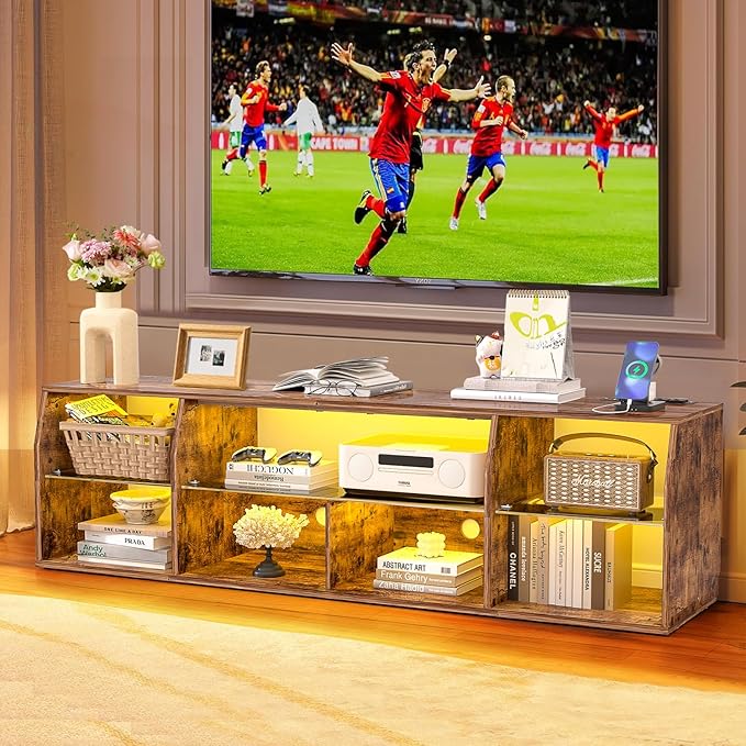 VECELO LED Gaming TV Stand with Power Outlets Television Cabinet with 7 Open Storage Shelves, Industrial Entertainment Center for Living Room and Bedroom, Retro Brown, 65inch - LeafyLoom