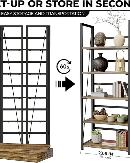 5 Tier Wood Book Shelf Organizer, No Assembly Bookshelf for Bedroom Living Room Office, Rustic Foldable Book Case, Tall Bookshelves, Open Book Shelves, Decorative Folding Shelf Display, Tall Bookcase - LeafyLoom