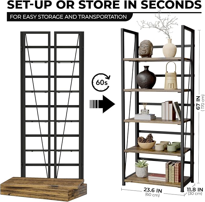 5 Tier Wood Book Shelf Organizer, No Assembly Bookshelf for Bedroom Living Room Office, Rustic Foldable Book Case, Tall Bookshelves, Open Book Shelves, Decorative Folding Shelf Display, Tall Bookcase - LeafyLoom