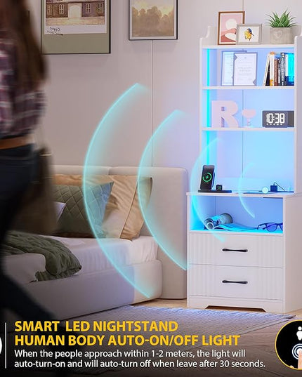 Vlsrka Nightstand Set of 2, Nightstand with Charging Station and LED Lights, Smart Night Stand with Bookshelf, Modern Bedside Tables with Storage Cabinet for Bedroom, Human Sensor Function, White - LeafyLoom