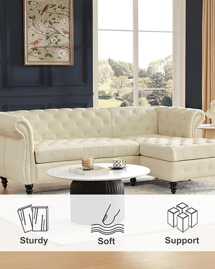 Tbfit L-Shape Sofa Couch with Chaise, Chesterfield Sofas with Nailhead Trim, Deep Button Tufted Sectional Couches for Living Room, Vintage Couches with Solid Wood Frame and Rolled Arms, Beige - LeafyLoom