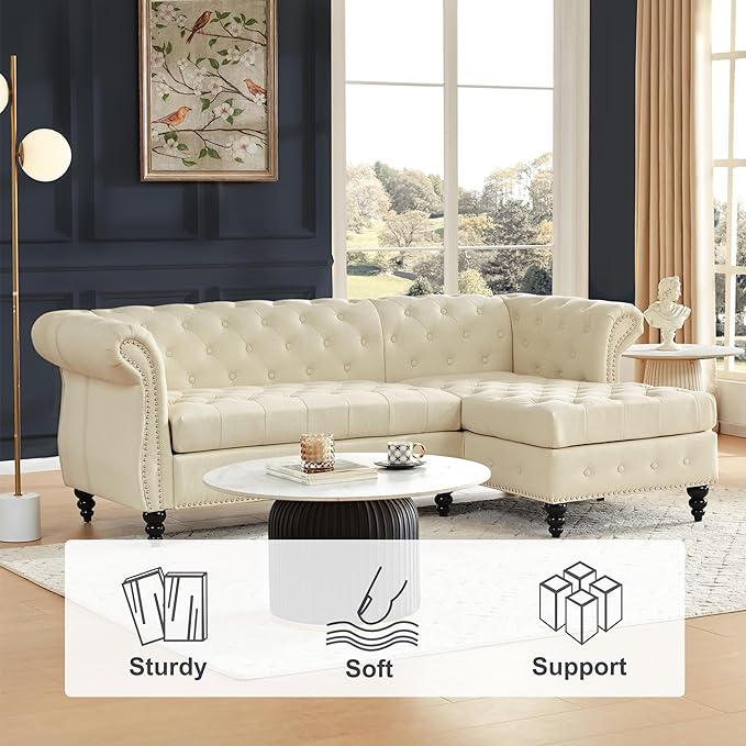 Tbfit L-Shape Sofa Couch with Chaise, Chesterfield Sofas with Nailhead Trim, Deep Button Tufted Sectional Couches for Living Room, Vintage Couches with Solid Wood Frame and Rolled Arms, Beige - LeafyLoom