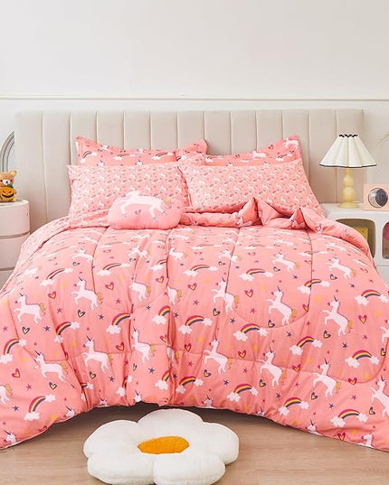 Mooreeke Twin Size Comforter Sets for Girls Kids, 6 Pieces Bed in a Bag Pink Unicorn Rainbow Bedding Comforter Sheet Set with Shams and Decorative Toy Pillow, Ultral Soft Microfiber Kids Bed Set - LeafyLoom