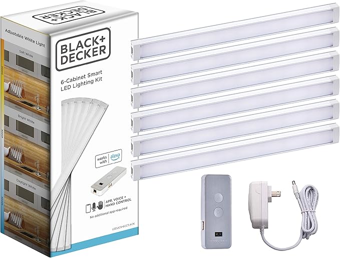 BLACK+DECKER Works with Alexa Smart Under Cabinet Lighting Kit, Adjustable LEDs, (6) 9" Bars, White BLACKDECKER