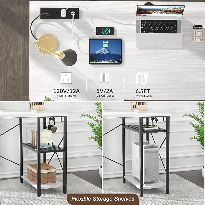 Aheaplus L Shaped Desk with Outlet and USB Charging Ports, L-Shaped Desk with Storage Shelves Reversible Corner Computer Desk 2 Person Long Table with Monitor Stand Gaming Home Office Desk, White - LeafyLoom