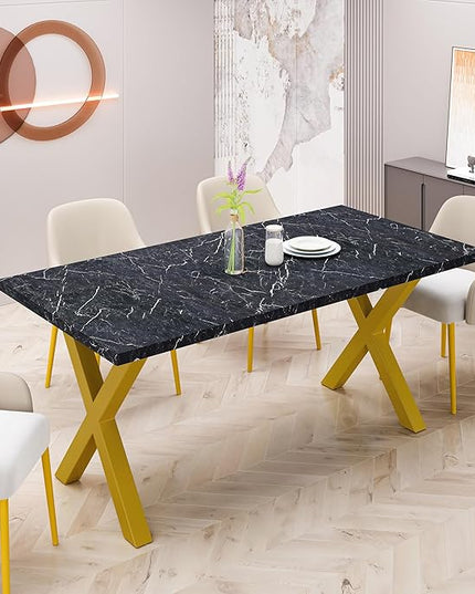 NicBex Dining Table Contemporary Kitchen Table Farmhouse Rustic 70.87" Square Dining Table with Printed Black Marble Table Top+Gold X-Shape Table Leg Rectangular Dining Table, Black +Gold - LeafyLoom