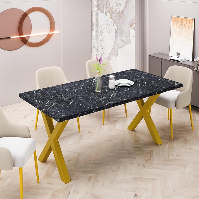 NicBex Dining Table Contemporary Kitchen Table Farmhouse Rustic 70.87" Square Dining Table with Printed Black Marble Table Top+Gold X-Shape Table Leg Rectangular Dining Table, Black +Gold - LeafyLoom