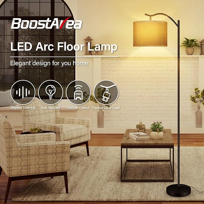 BoostArea Floor Lamp for Living Room,Arc Floor Lamp with Remote Control,Stepless Dimmable Brightness & Colors Temperature 2700k-6500k,Modern Standing Lamp for Bedroom Study Room Office,Jute - LeafyLoom