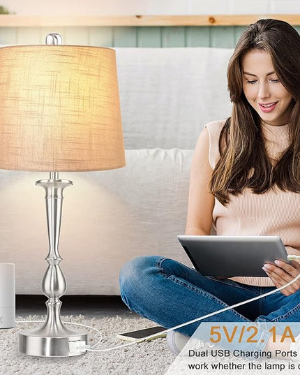 PARTPHONER Set of 2 Touch Control Table Lamp with Dual USB Charging Ports Desk Lamps, 3-Way Dimmable Modern Nickel Finish Bedside Large Table Lamps for Living Room, Bedroom - LeafyLoom