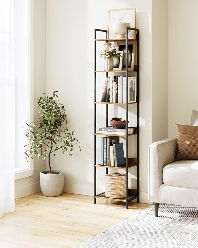 6-Tier Bookshelf, Narrow Bookcase with Open Shelves, Talll Book Shelf Coner Shelf for Living Room, Bedroom, Home Office, Study, Bathroom,11.5 x 15.7 x 72.6 Inches, Rustic Brown and Black - LeafyLoom