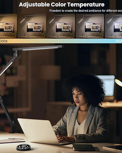 Desk Lamp with Clamp, Eye-Care Swing Arm Desk Lamp, Stepless Dimming & Adjustable Color Temperature Modern Architect Lamp with Memory & Timing Function for Study, Work, Home, Office, 12W - LeafyLoom