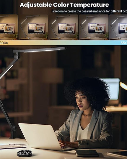 Desk Lamp, Desk Light with Clamp, Stepless Dimming & Adjustable Color Temperature Modern Eye-Caring Architect Lamp with Memory & Timing Function for Study, Work, Home, Office, 15W - LeafyLoom