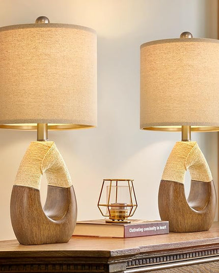 OYEARS Boho Table Lamps Bedroom Living Room Set 2 Sleeping and Reading,Small Farmhouse RattanTable Lamp 19”Rustic Egg Design Resin Light Decoration,Nightstand Bedside Lamps for Office Study Rest - LeafyLoom