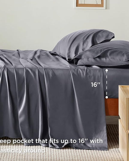 Bedsure King Size Sheet Set, Cooling Sheets King, Rayon Derived from Bamboo, Deep Pocket Up to 16", Breathable & Soft Bed Sheets, Hotel Luxury Silky Bedding Sheets & Pillowcases, Dark Grey - LeafyLoom