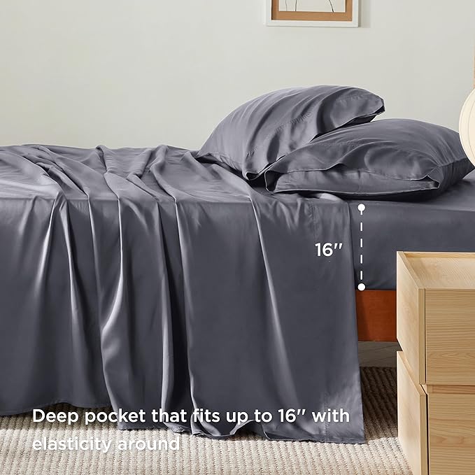 Bedsure King Size Sheet Set, Cooling Sheets King, Rayon Derived from Bamboo, Deep Pocket Up to 16", Breathable & Soft Bed Sheets, Hotel Luxury Silky Bedding Sheets & Pillowcases, Dark Grey - LeafyLoom