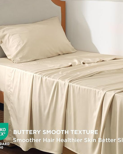 Bedsure Twin XL Sheet Set Dorm Bedding, Cooling Sheets Twin Extra Long Sheets, Rayon Derived from Bamboo, Deep Pocket Up to 16", Hotel Luxury Silky Bedding Sheets & Pillowcases, Beige - LeafyLoom