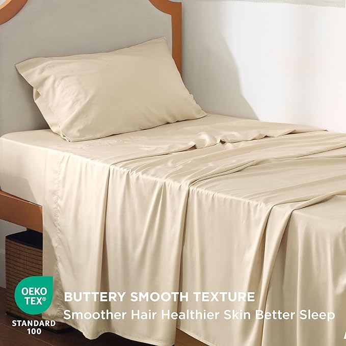 Bedsure Twin XL Sheet Set Dorm Bedding, Cooling Sheets Twin Extra Long Sheets, Rayon Derived from Bamboo, Deep Pocket Up to 16", Hotel Luxury Silky Bedding Sheets & Pillowcases, Beige - LeafyLoom