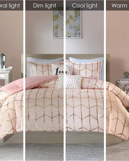 Intelligent Design Raina Comforter Microfiber Metallic Print Geometric Design Embroidered Toss Pillow Modern Trendy Casual All Season Bedding Set Matching Sham, Full/Queen, Blush/Gold 5 Piece - LeafyLoom
