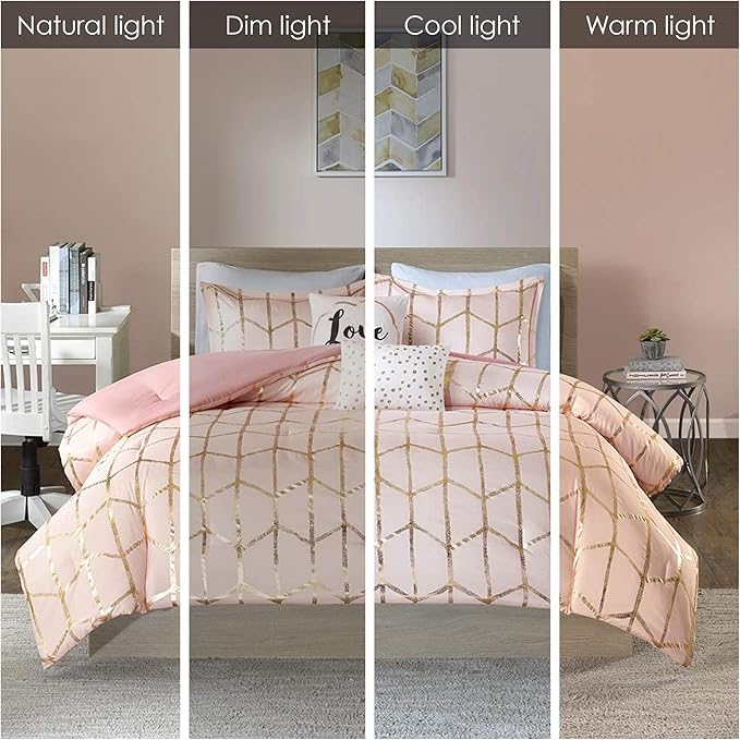 Intelligent Design Raina Comforter Microfiber Metallic Print Geometric Design Embroidered Toss Pillow Modern Trendy Casual All Season Bedding Set Matching Sham, Full/Queen, Blush/Gold 5 Piece - LeafyLoom