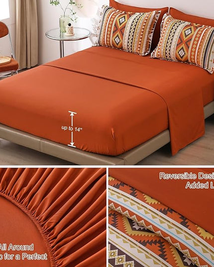 Dinjoy Queen Size Comforter Set Boho,Burn Orange Bed in a Bag Queen Striped Bedding Sets Terracotta Western Comforters with Sheets 7 Pieces Complete Set Aztec for All Seasons 90"x90" - LeafyLoom