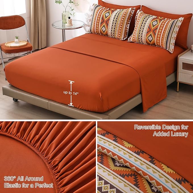 Burn Orange/Terracotta Comforter Set King, Boho Bed in A Bag King Size 7 Pieces Aztec Striped Bedding Set for Women Men Geometric Bohemian Complete Set (90"×104") - LeafyLoom