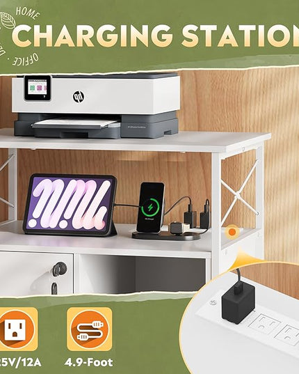 DEVAISE File Cabinet with Charging Station, Lockable Lateral Filing Cabinets for Home Office, Printer Cabinet Accommodates A4/Letter size file folders, White - LeafyLoom