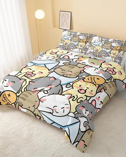 Kawaii Cat Comforter Full Size,Cute Cat Comforter Set for Kids Teens Girls,3Pcs Bedding Set Printed Comforter with 2 Pillowcases,Down Alternative,Soft and Lightweight，Full Size - LeafyLoom
