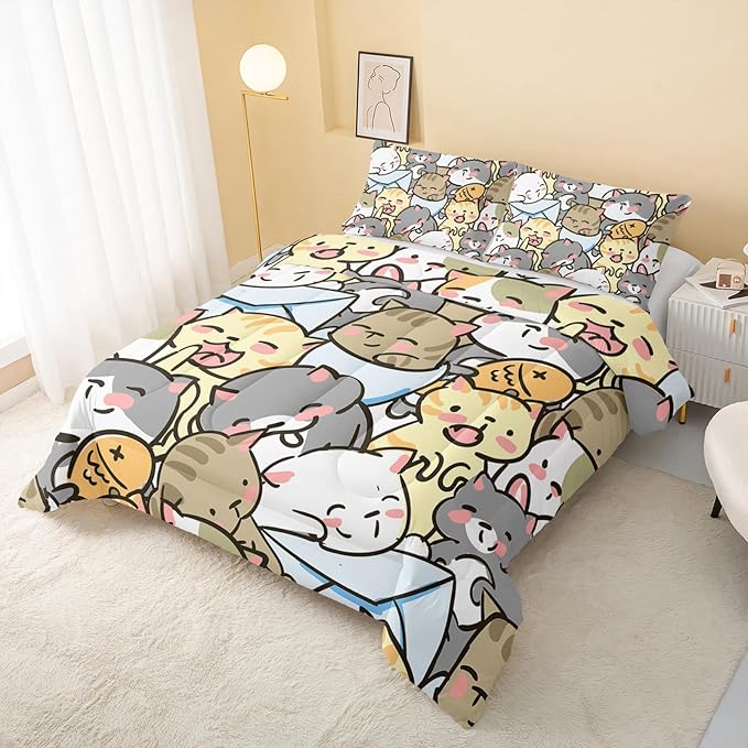 Kawaii Cat Comforter Queen Size,Cute Cat Comforter Set for Kids Teens Girls,3Pcs Bedding Set Printed Comforter with 2 Pillowcases,Down Alternative,Soft and Lightweight，Queen Size - LeafyLoom