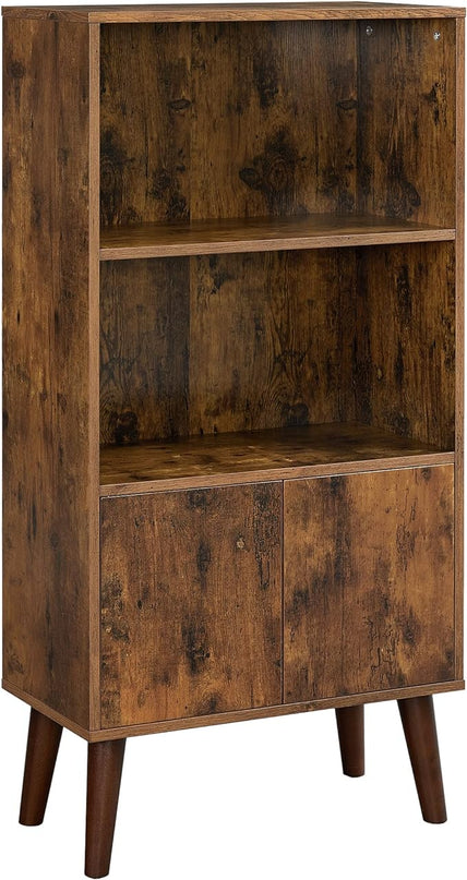 VASAGLE Bookcase, 2-Tier Retro Bookshelf with Doors, Storage Cabinet for Books, Photos, Decorations in Living Room, Office, Study, Mid-Century Style, Rustic Brown ULBC09BX - LeafyLoom